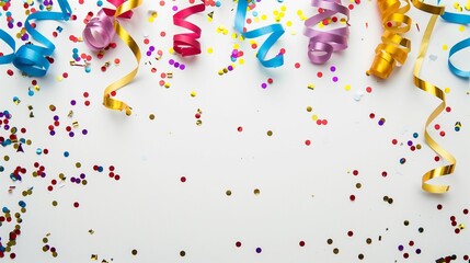 colorful confetti and streamers on a white background