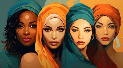 A digital art illustration of four women from different ethnicities, each wearing headscarves in vibrant colors like turquoise and orange, standing side by side with soft lighting  - obrazy, fototapety, plakaty
