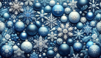 A wintry holiday scene in shades of blue blue christmas background with snowflakes and christmas balls christmas blue snowflakes christmas balls festive holiday winter decorations a meticulously.
