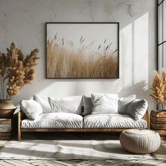 Rustic Table by White Sofa, Adorned with Brown Pillows, Flanked by Poster Frames Against a Wall, A Fusion of Ethnic Elegance in Modern Living Room Design
