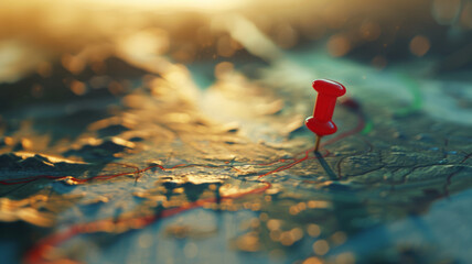 Red pushpin on a map, marking a journey's destination at golden hour.