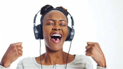 Joyful woman with headphones lost in the music, singing, and dancing with passion.