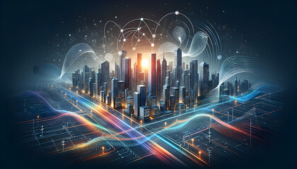 A detailed city view showcasing the seamless integration of electronic infrastructure an urban environment enhanced by technology and connectivity smart city big data advanced urban development.
 - obrazy, fototapety, plakaty