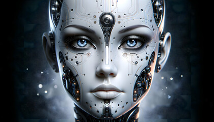 An ai's face with metallic textures and subtle emotive expressions a detailed visage of a female robot highlighting intricate circuitry and the nuanced interplay of intelligence and awareness female. - obrazy, fototapety, plakaty
