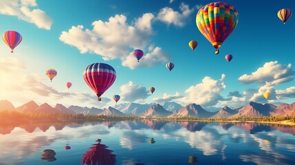 Fototapeta premium A beautiful landscape with hot air balloons floating over the lake, reflecting on the water, with a blue sky and white clouds. Colorful balloons in various shapes