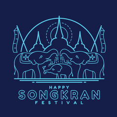 Happy songkran festival with Blue light line Thai elephant family playing water and temple in songkran festival on dark blue background vector design