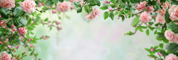 Blooming Pink Roses and Buds Panorama on Ethereal Green Background