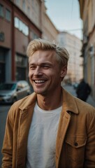 A very handsome blonde man in his 30s poses smiling sincerely on the street
