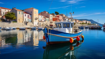A small fishing boat docked in the harbor of a coastal town, with colorful buildings and blue skies reflecting on calm waters