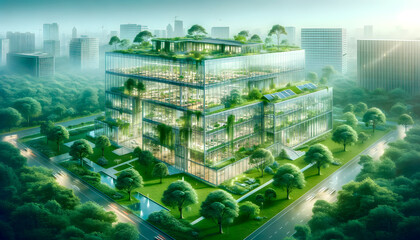 Eco-friendly glass office a sleek renewable office structure enveloped in vegetation highlighting eco-conscious design an environmentally friendly office with transparent walls environmentally friendl