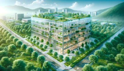Eco-friendly glass office a sleek renewable office structure enveloped in vegetation highlighting eco-conscious design an environmentally friendly office with transparent walls environmentally friendl - obrazy, fototapety, plakaty