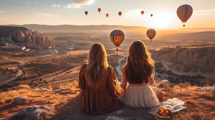 Two friends sitting on the edge of Cappadocia, overlooking an ancient valley at sunset with hot air balloons floating overhead. The woman has long brown hair and is wearing a flowing white dress - obrazy, fototapety, plakaty