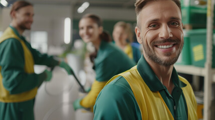 Group of smiling cleaning staff in uniform, ready for a tidy job well done.