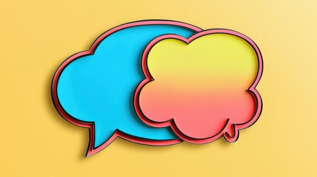 Personalized speech bubble produced by hand from colored paper for your content. comic book and pop art styles. Background color is yellow.