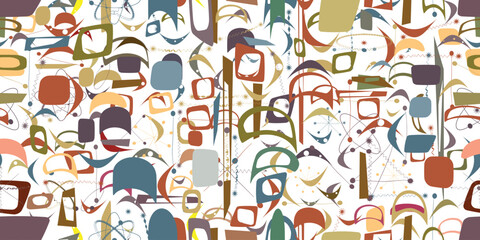 Vintage seamless pattern with mid century modern design elements .  Endless pattern with vector abstract shapes.