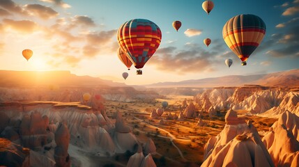  A breathtaking view of hot air balloons floating above the rugged landscapes of Cappadocia, creating an enchanting and majestic scene under the golden sunset light. 