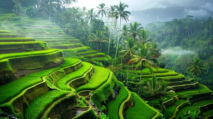 Rice terraces cascading down the hillsides in a scenic landscape. - obrazy, fototapety, plakaty