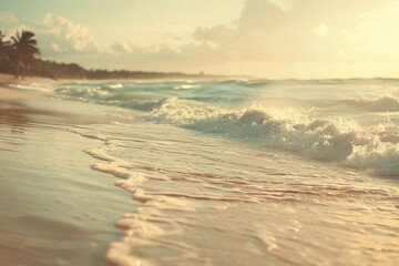 Fototapeta na wymiar Golden Sunset Splendor on a Serene Tropical Beachfront Generative AI