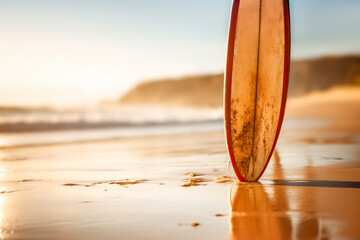 Surfboard on the beach at sunset. Tropical summer background