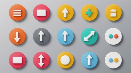Arrow sign icon set. Simple circle shape internet button on gray background. Contemporary modern style.