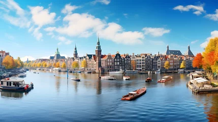 Foto op Plexiglas  A beautiful cityscape of Amsterdam with canals, bridge and autumn trees, sunny day with blue sky © Afaq