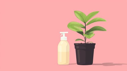Minimalistic vector illustration of green plant in black pot placed near bottle of fertilizer on pink background - obrazy, fototapety, plakaty