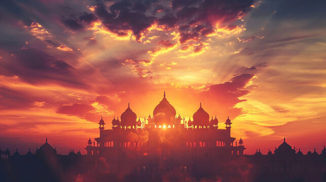 Indian temple silhouette at striking sunset sky