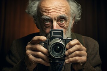 Sightseeing old man take photo at street. Person city. Generate Ai