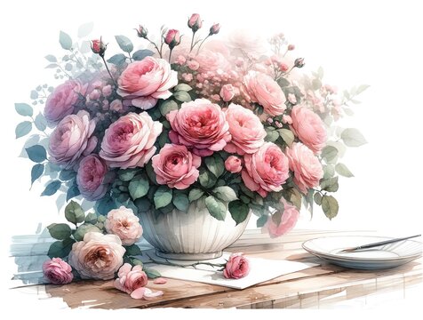 Watercolor Painting of Roses in Vase