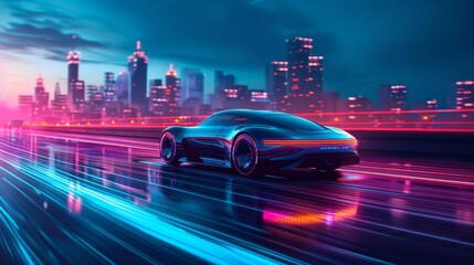 Self-Driving : Electric Car Driving on the Road Modern City background