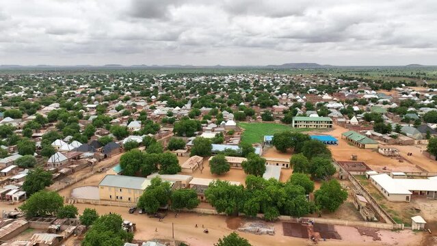 Static aerial shot of beautiful rural settlement in southern Niger