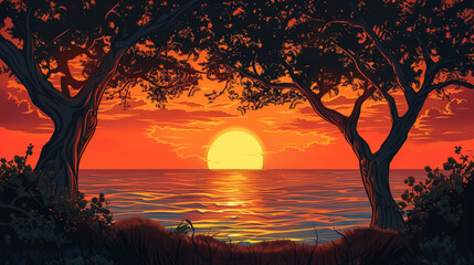  Sunset Seascape with Tree Silhouettes - obrazy, fototapety, plakaty