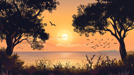  Sunset Seascape with Tree Silhouettes