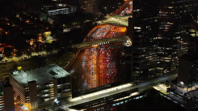 Aerial view of Peachtree Street moving traffic at night, Atlanta, Georgia, USA