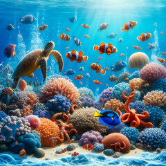 Fototapeta premium Underwater world in the deep ocean with turtle and othe sea animals.