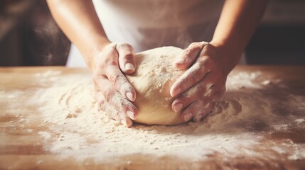 someone's hands are kneading and making bread dough on the table - obrazy, fototapety, plakaty