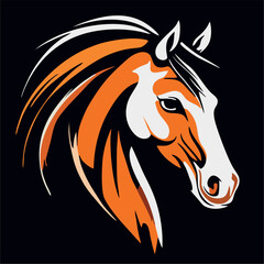 Contour drawing of a horse's head with a long mane on a black background in brown and white colors. A depiction of the beauty, strength, grace and energy of nature