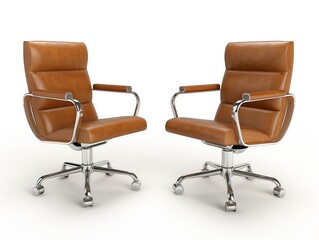 Two brown leather office chairs with chrome armrests and bases isolated on a white background, depicting a minimalist and professional setting.