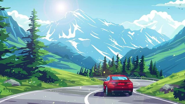 road trip to the mountains an illustration. anime cartoon illustration style.  seamless looping overlay 4k virtual video animation background