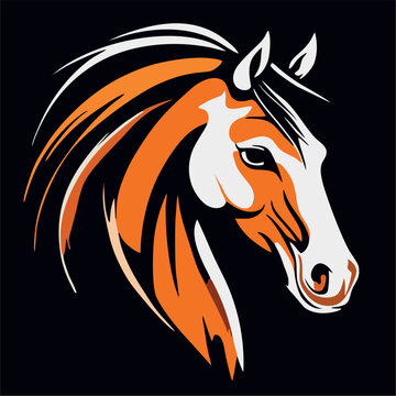 Contour drawing of a horse's head with a long mane on a black background in brown and white colors. A depiction of the beauty, strength, grace and energy of nature