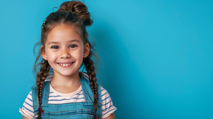 Little girl smiling on a blue background, back to school banner
