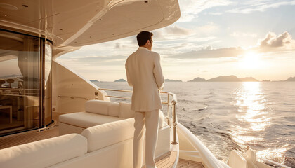 man in white suit standing on the yacht watching the sea