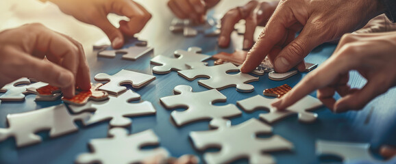 a group of people working with puzzle