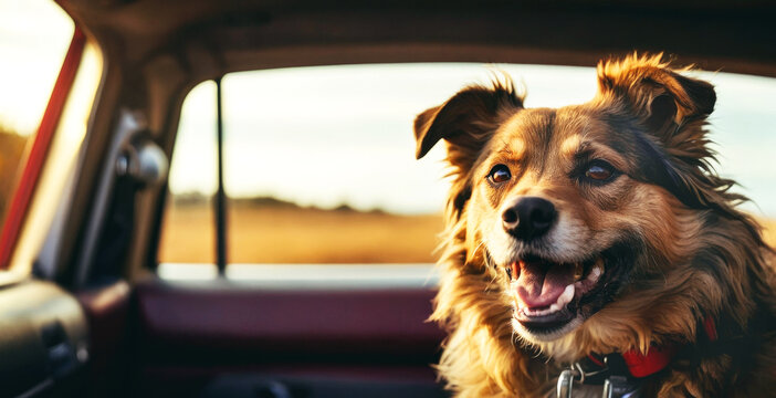 Portrait of a smiling mongrel dog sitting in a car.
