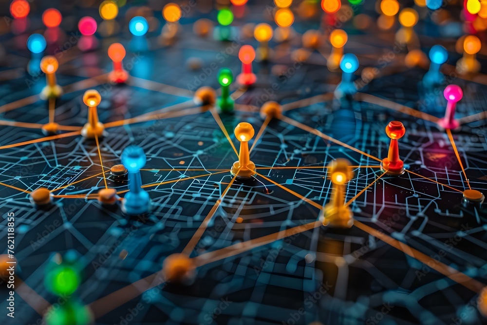Poster global business networks and customer recruitment strategies interconnected in abstract image. conce