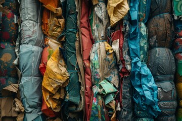 Close-up of a colorful, tightly packed wall of recycled textile materials.
