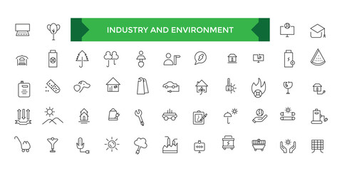 Industry and Environment icons. Lne icons collection. Thin line icons set of ecology, environment and sustainability concepts. Outline symbol collection.