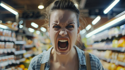 A woman in a supermarket screams in frustration, embodying a moment of overwhelming stress. - obrazy, fototapety, plakaty