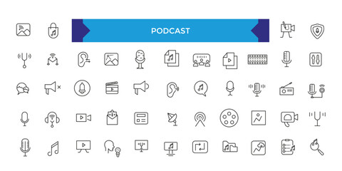 Fototapeta na wymiar Podcast and Audio line icon set vector. Web icons in line style. Learning icons for web and mobile app. E-learning, video tutorial, knowledge, study.