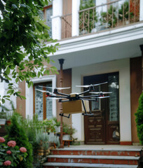 Drone with a package on the street. Shallow depth of field.